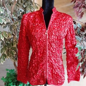Addressing Woman Red Sequined Embellished Crinkle Jacket, Size: Medium